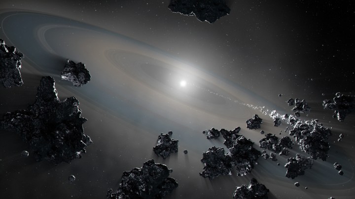 Illustration showing a white dwarf star siphoning off debris from shattered objects in a planetary system. 