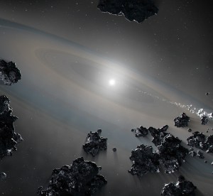 This illustration shows a white dwarf star siphoning off debris from shattered objects in a planetary system. The Hubble Space Telescope detects the spectral signature of the vaporized debris that revealed a combination of rocky-metallic and icy material, the ingredients of planets. The findings help describe the violent nature of evolved planetary systems and the composition of its disintegrating bodies.
