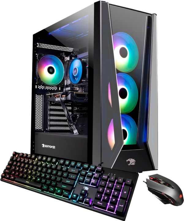 iBUYPOWER Trace MR Gaming Desktop next to keyboard and mouse in side view