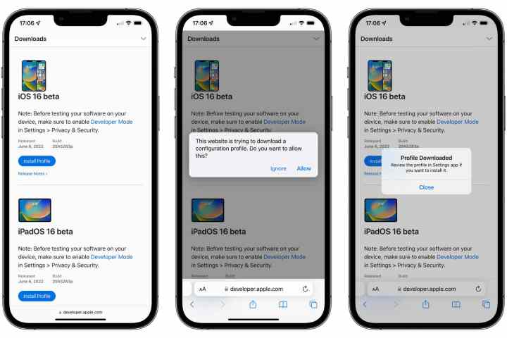 Three iPhones showing steps to install iOS 16 developer beta profile.