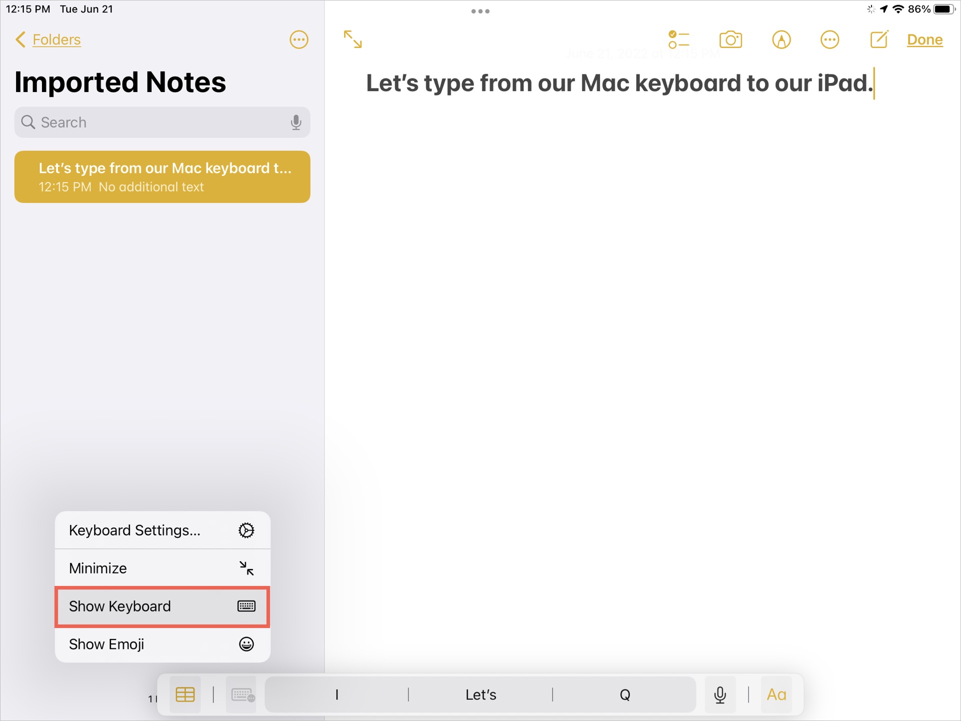 Mostrar teclado no app Notas no iPad.