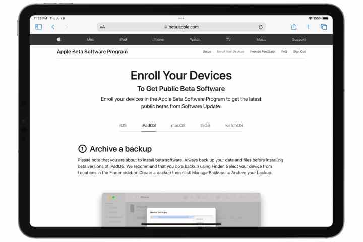 Bildschirm „Ihre Geräte registrieren“ für die Betaversion auf dem iPad.