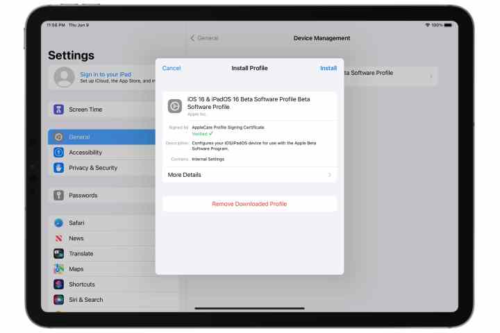 iPad che mostra l'installazione del profilo beta dello sviluppatore.