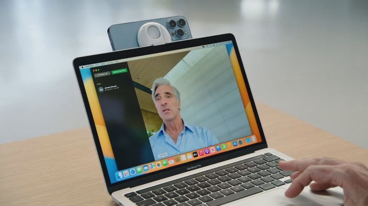 Apple's Craig Federighi using an iPhone as a webcam with Continuinty Camera in macOS Ventura.