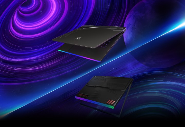 MSI Raider GE67 HX laptops over a purple-blue background.