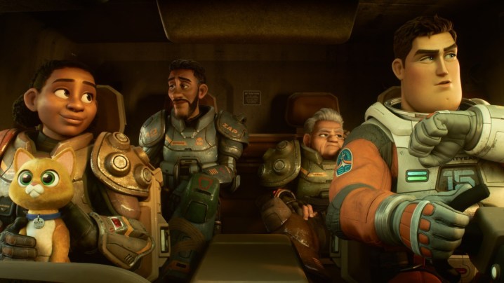 Buzz and his misfit team ride in a ship together in a scene from Lightyear.