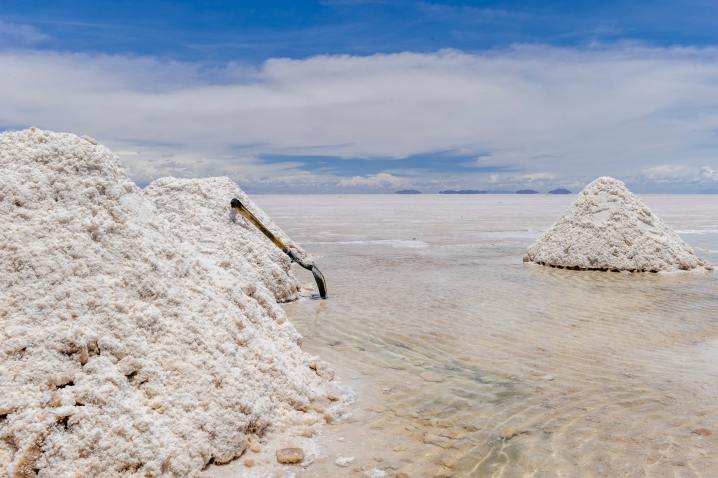 Salt harvesting in the Uyuni salt desert in Bolivia.