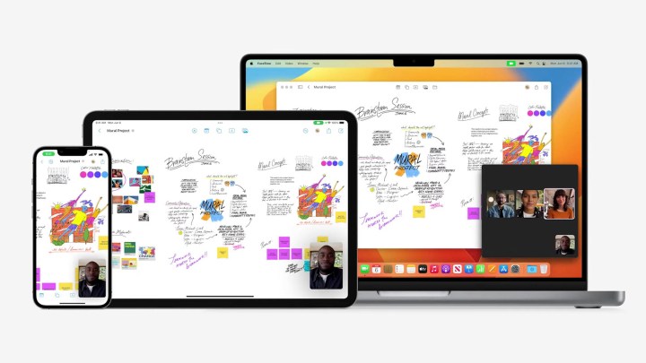 The newly introduced FreeForm app that allows collaborating users to access a digital whiteboard of sorts. The app is displayed across an iPhone, iPad, and Macbook.