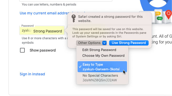 Creazione e regolazione di una password sicura utilizzando Safari in macOS Ventura.