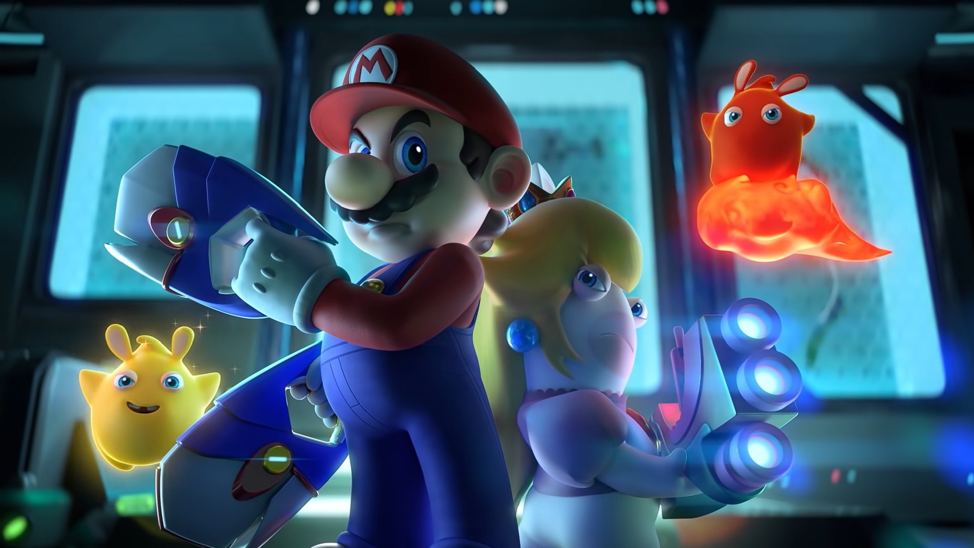 Mario e Rabbid Peach estão de costas um para o outro.