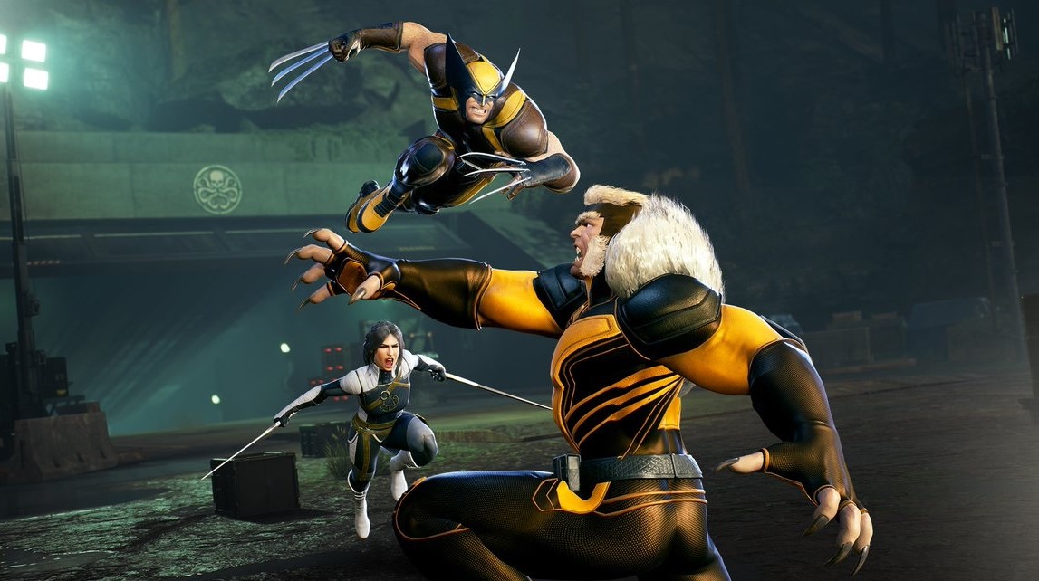 Wolverine e o Caçador atacando Sabertooth em Marvel Midnight Suns.