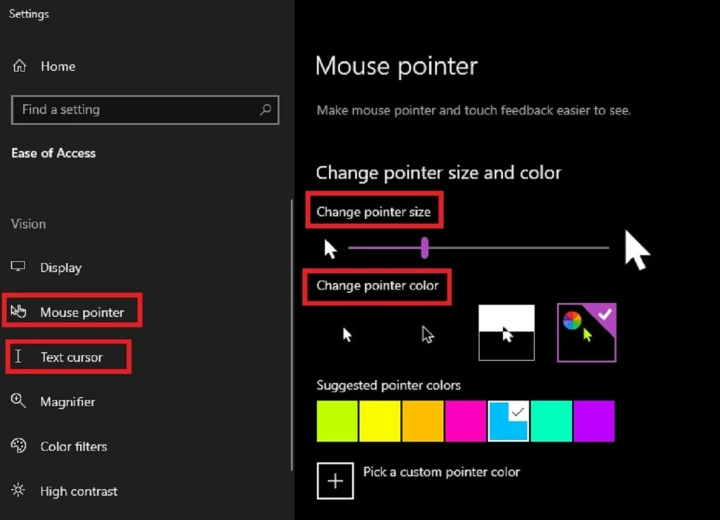 Impostazioni del puntatore del mouse in Windows 10.
