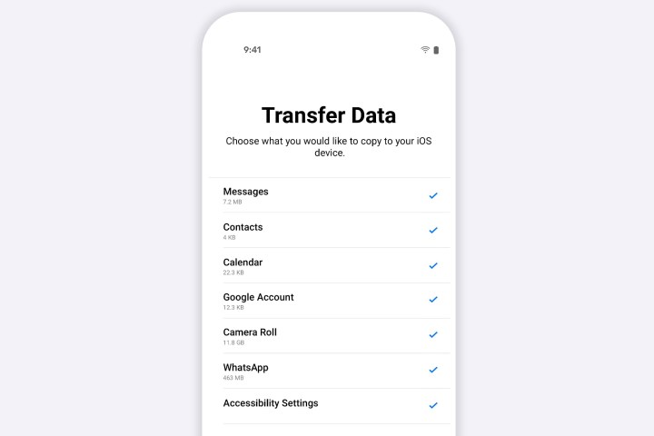 L'app Passa a iOS, che mostra un'opzione per trasferire i messaggi WhatsApp da un telefono Android a un iPhone.