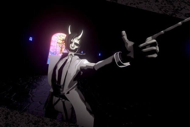 Главный герой Neon White позирует, указывая пальцем.