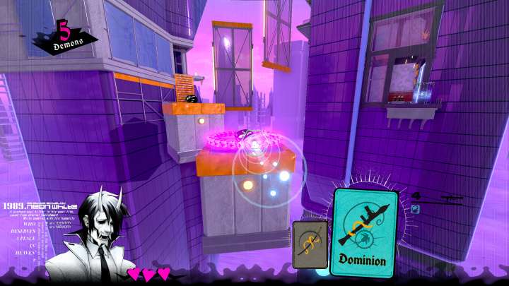 Um jogador atira um foguete em um inimigo em Neon White.