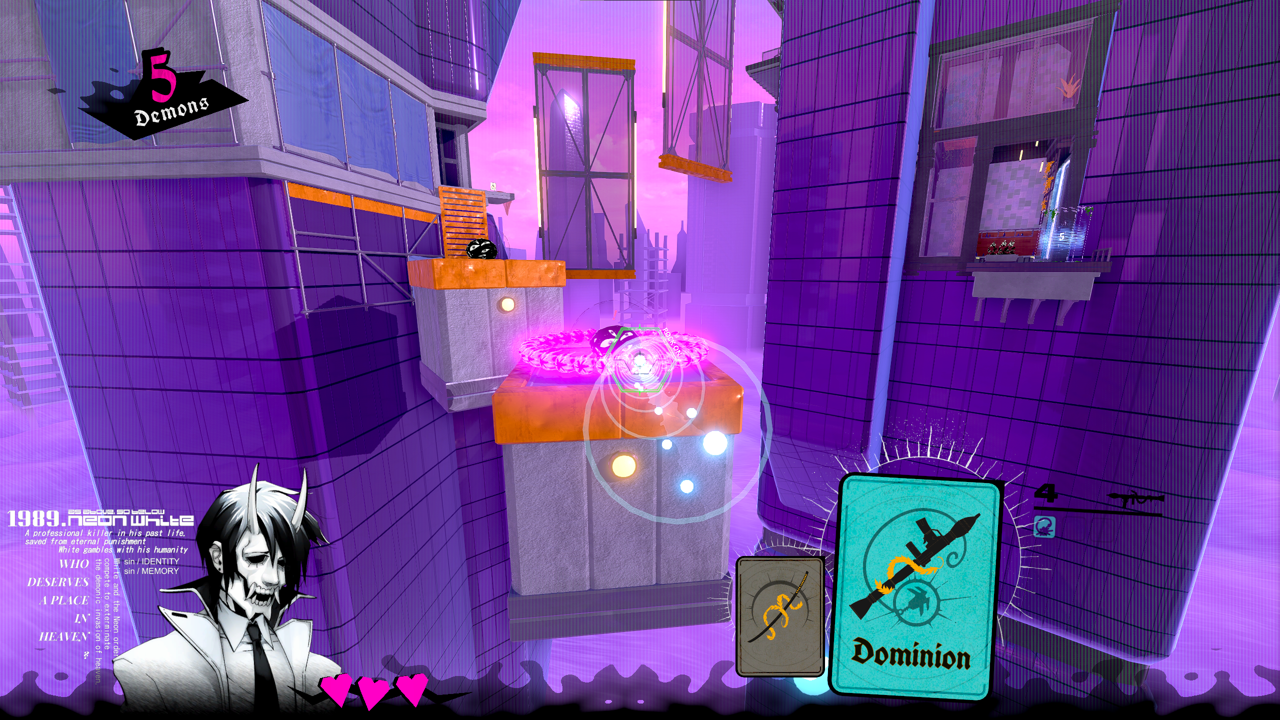 A player shoots a rocket at an enemy in Neon White.