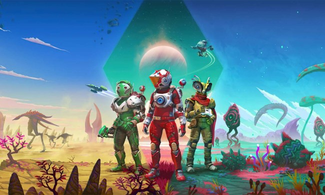 Space travelers posing in front of colorful planet in No Man's Sky.