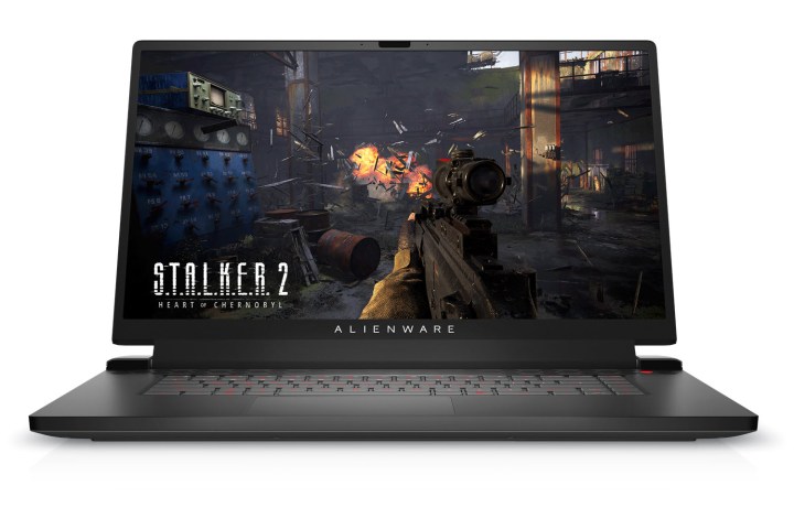 The front view of the Alienware m17 R5 shows the display and keyboard deck.