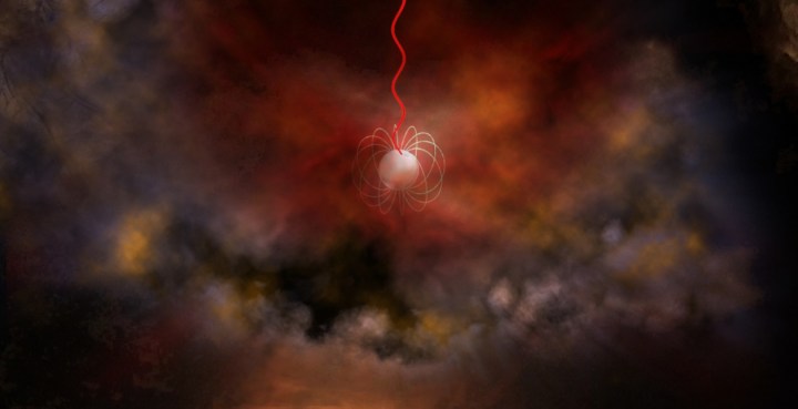 Artist's conception of a neutron star with an ultra-strong magnetic field, called a magnetar, emitting radio waves (red). Magnetars are a leading candidate for what generates Fast Radio Bursts.