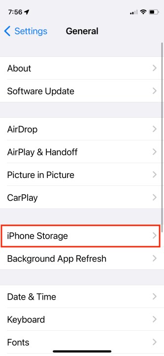 iPhone Storage button.