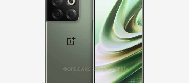 A leaked render of the OnePlus 10T. We see the phone's front and back in a green color.