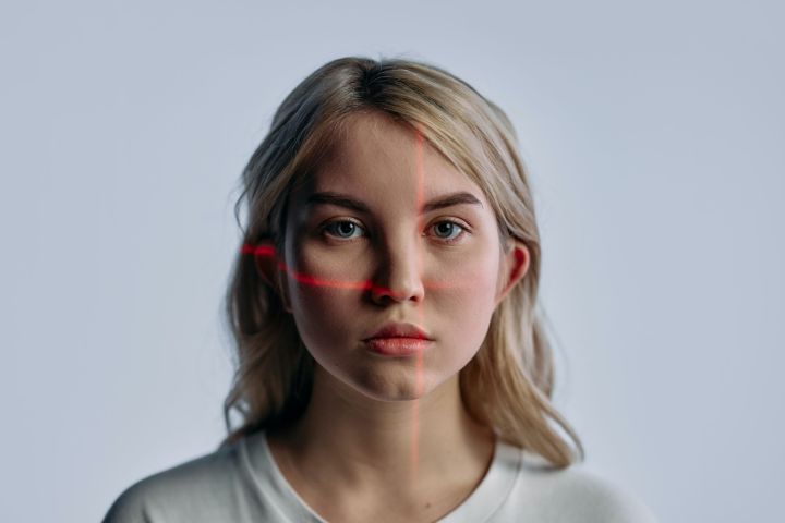 blonde woman with an expressionless face looks at camera while laser lights scan her features