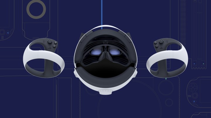 PlayStation VR2 headset from behind with controllers.