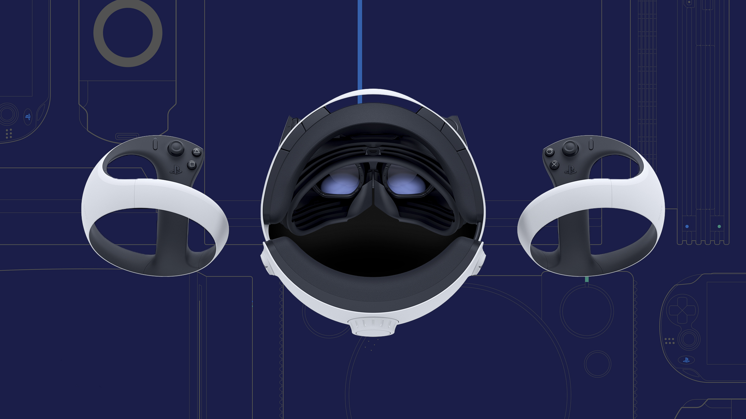 नियंत्रकों के साथ पीछे से PlayStation VR2 हेडसेट।