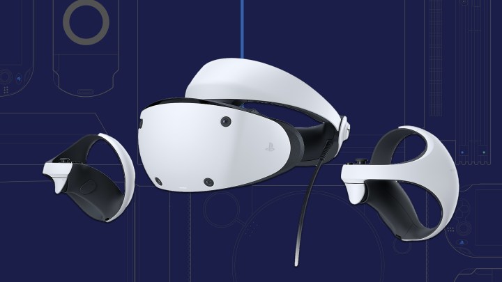 Set di cuffie Playstation VR2 su uno sfondo a tema PlayStation.