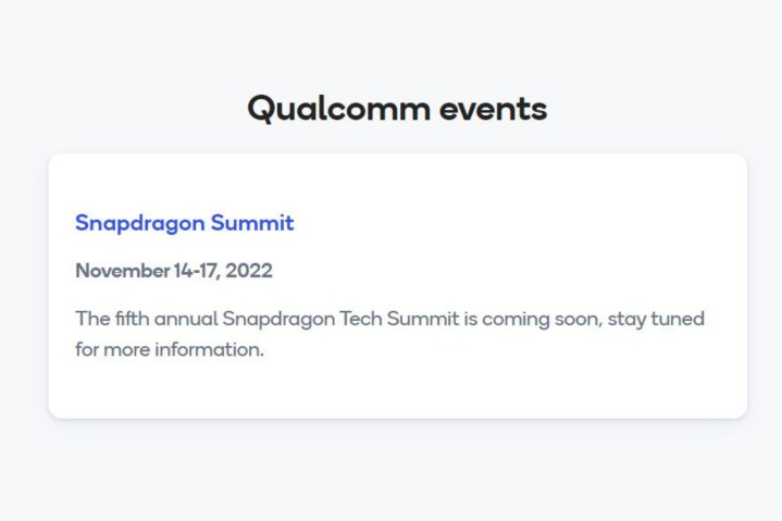 A screenshot from Qualcomm's website, revealing the 2022 Snapdragon Summit event for November 14 - November 17.