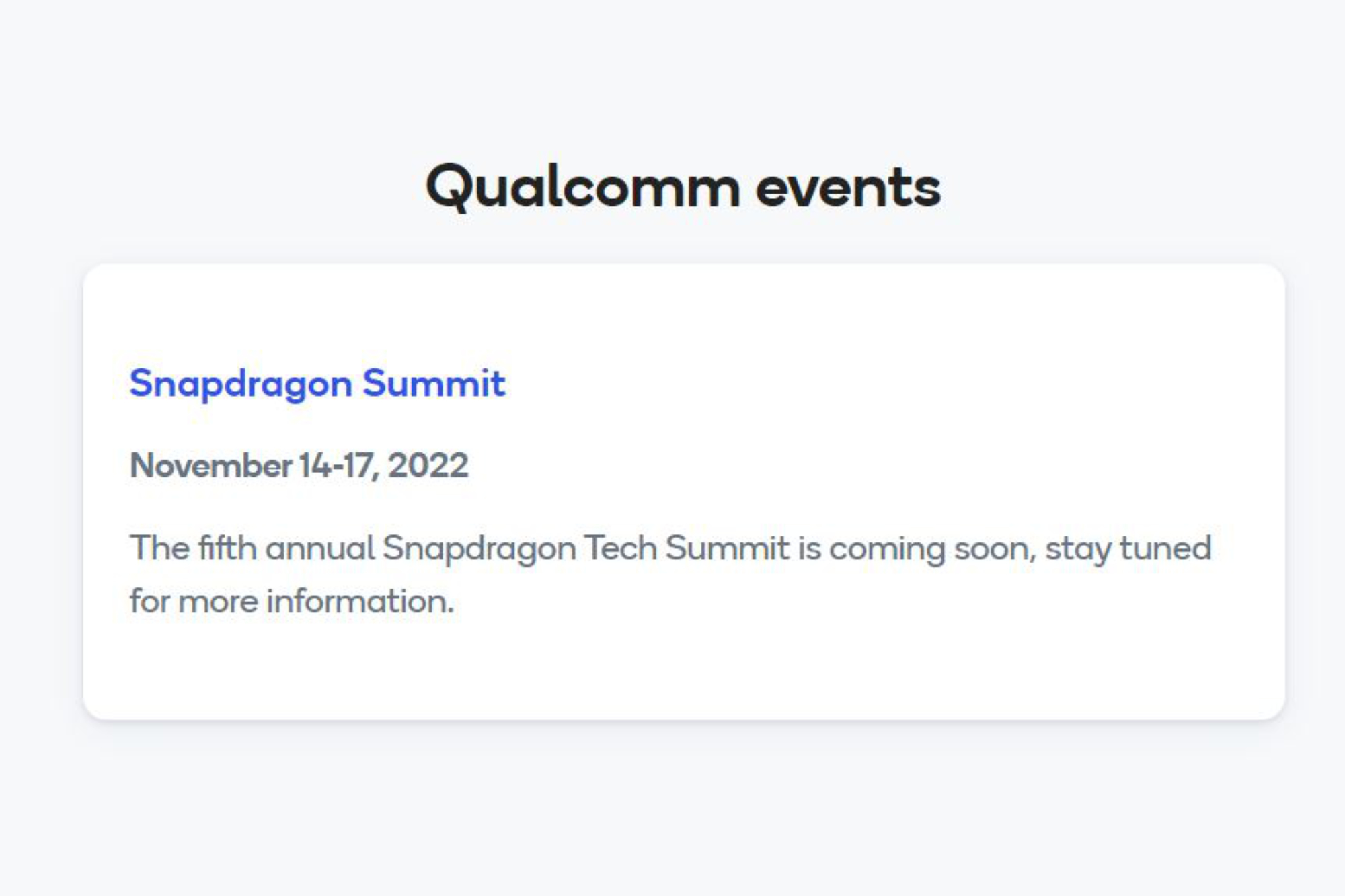 Uma captura de tela do site da Qualcomm, revelando o evento Snapdragon Summit 2022 de 14 a 17 de novembro.