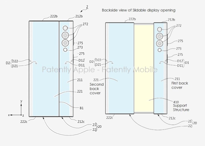 Un brevetto Samsung che mostra un design di smartphone arrotolabile.