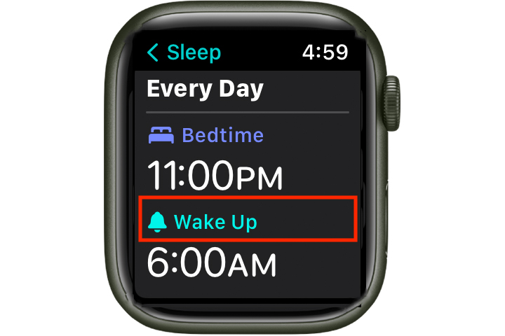 Configuração do alarme de sono do Apple Watch.
