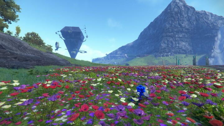 Sonic che corre attraverso un campo di fiori.