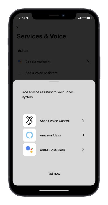 App Sonos che mostra la schermata Aggiungi assistente vocale,