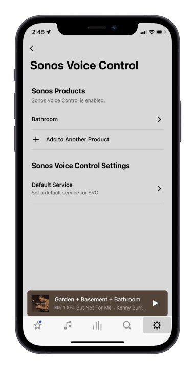 App Sonos che mostra la schermata Controllo vocale Sonos.