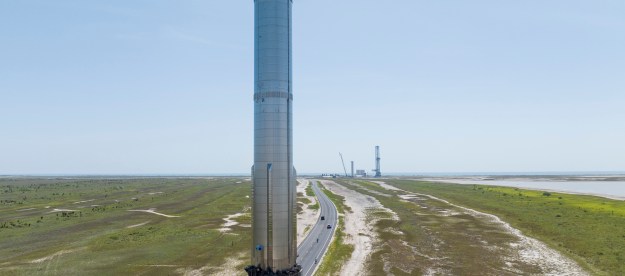 SpaceX's Super Heavy booster on its way to the launchpad in June 2022.