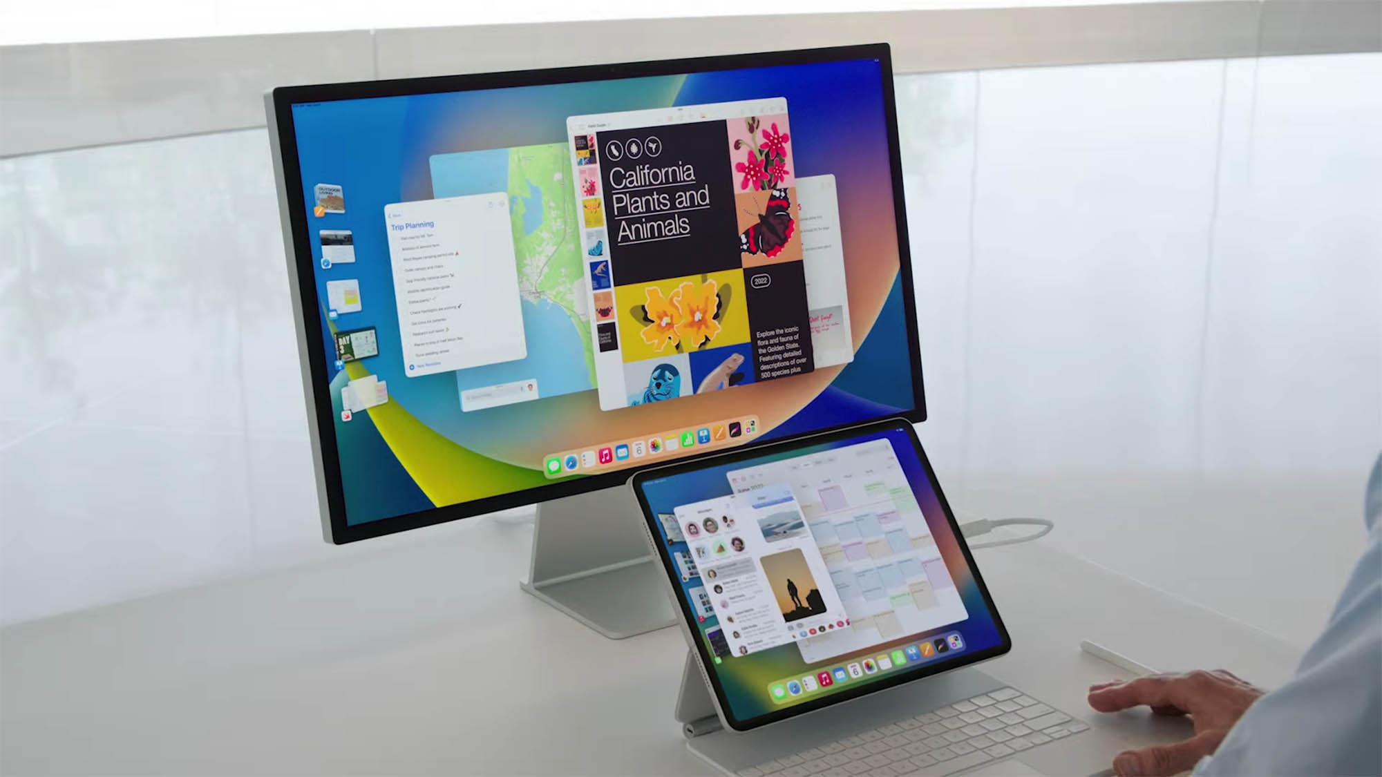 Un iPad y una pantalla externa con Organizador visual en iPadOS 16.
