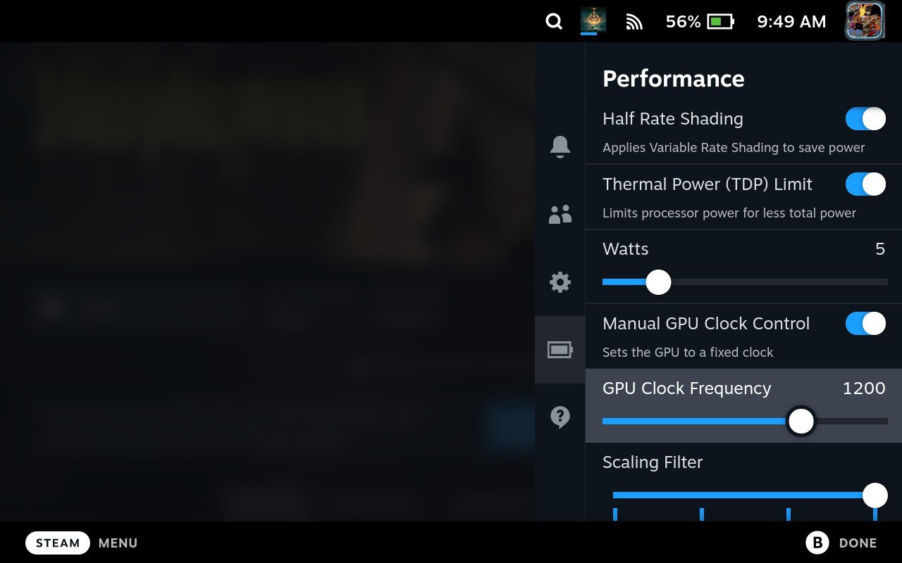 Power limit settings on the Steam Deck.