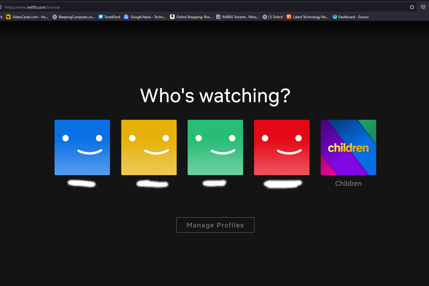 Captura de tela da página de perfis da Netflix no navegador da web.
