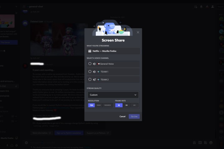Screenshot of Discord showing streaming settings menu.