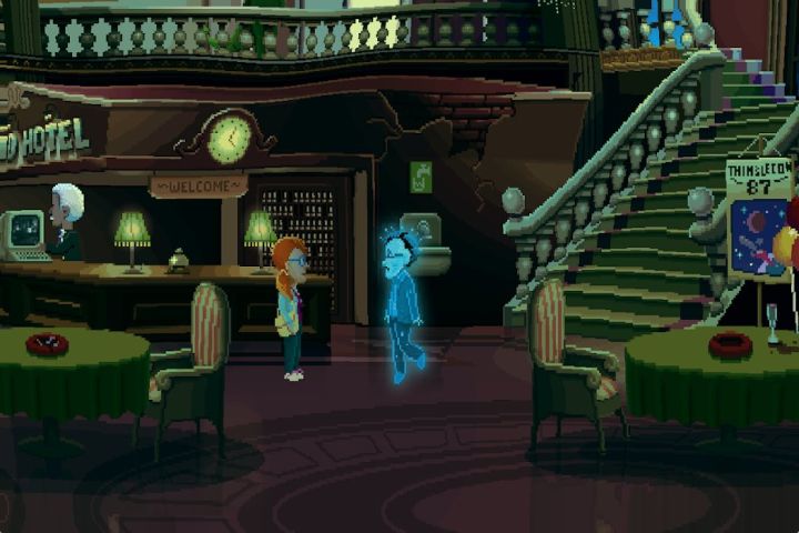 Two characters converse in Thimbleweed Park on Android.