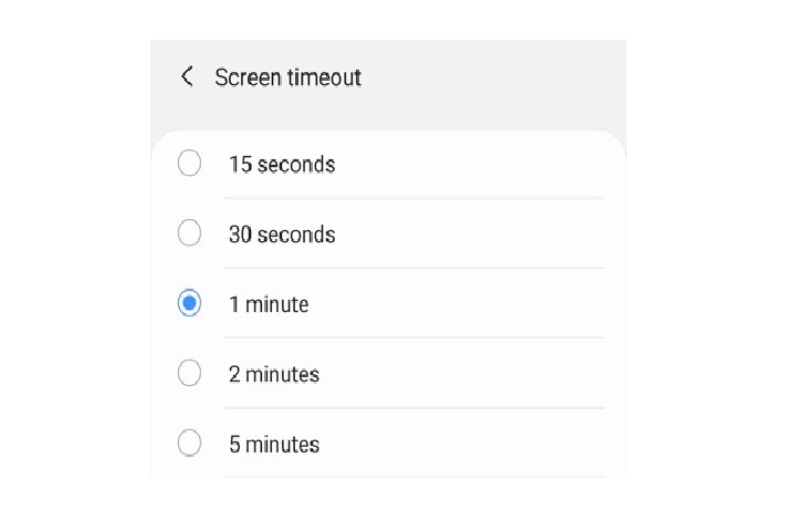 Screen time out settings on Samsung Galaxy phone.