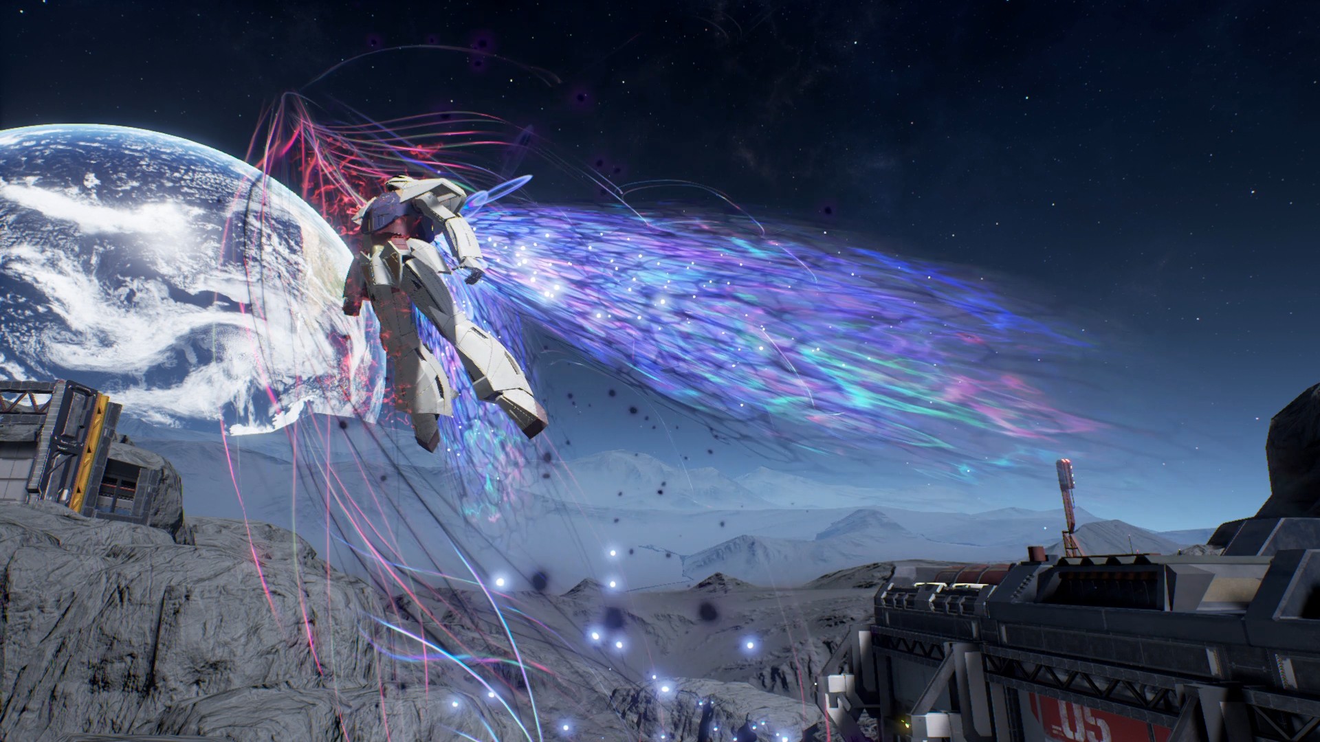 Transforme um Gundam voando pelo espaço em Gundam Evolution.