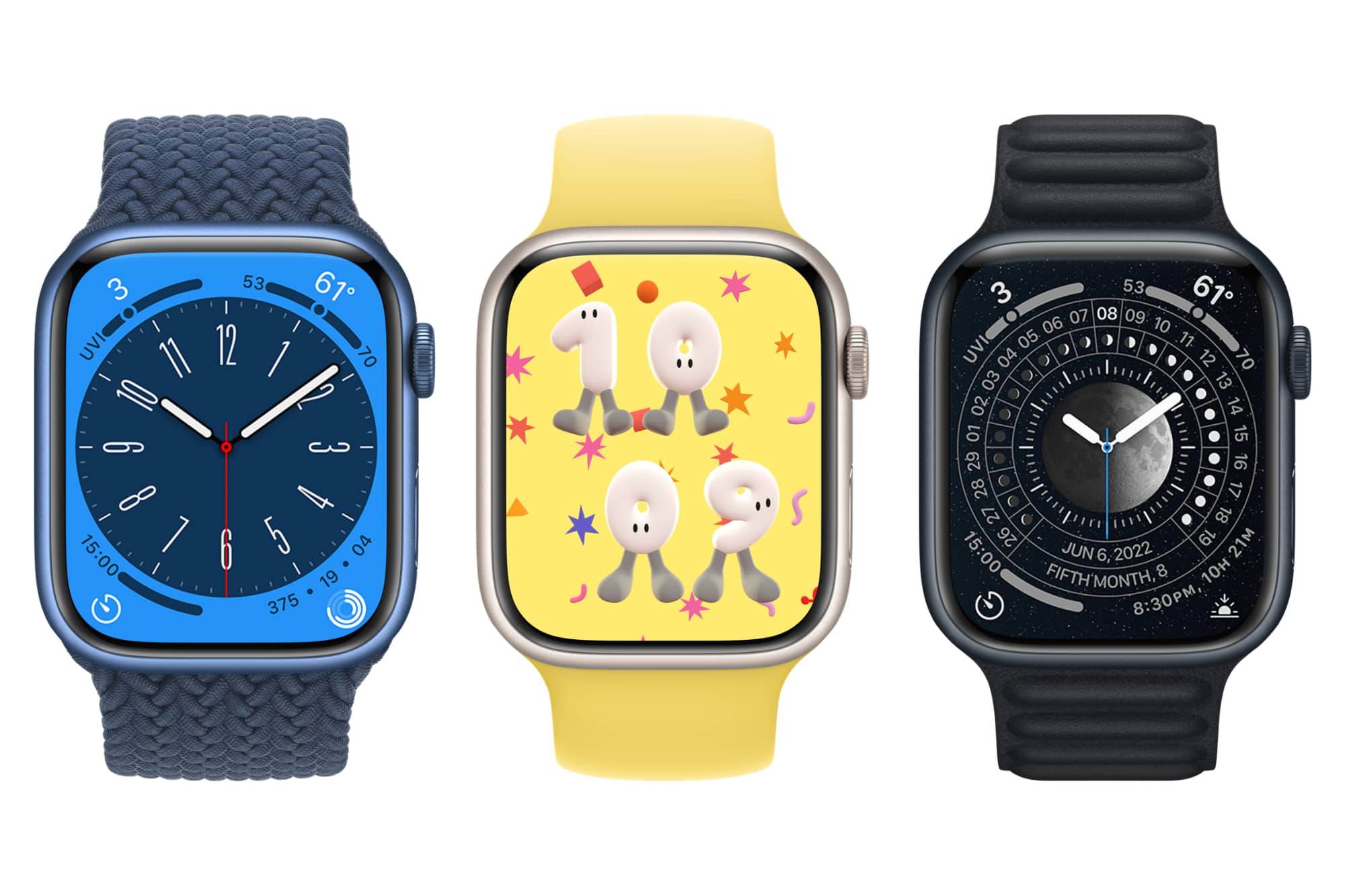 Three Apple Watches showing new Metropolitan, Play Time, and Lunar faces.
