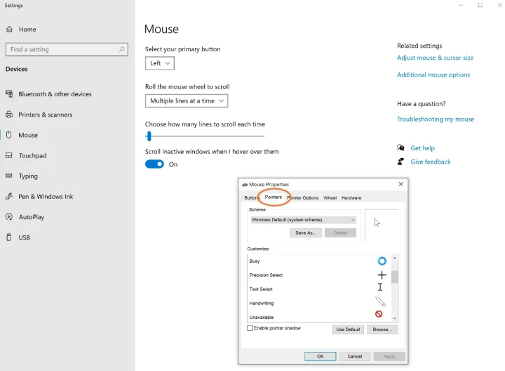 mouse pointers in Windows 10.