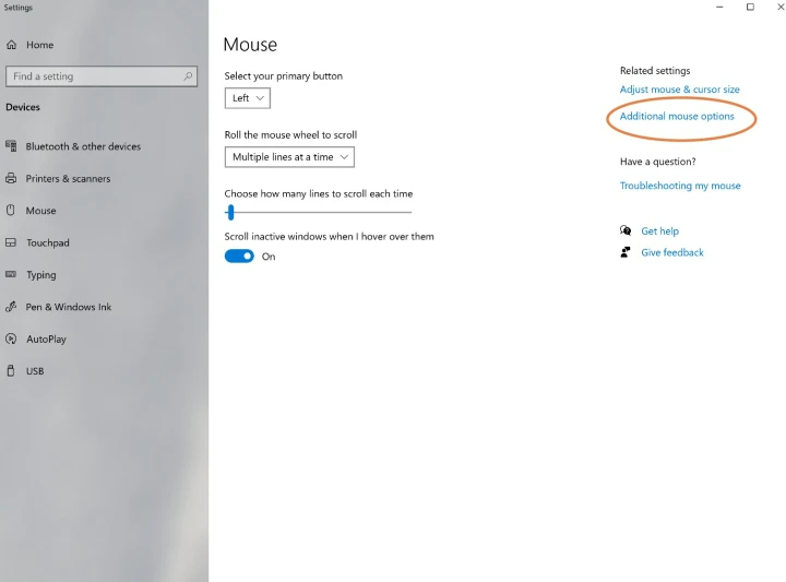 Mouse options in Windows 10.
