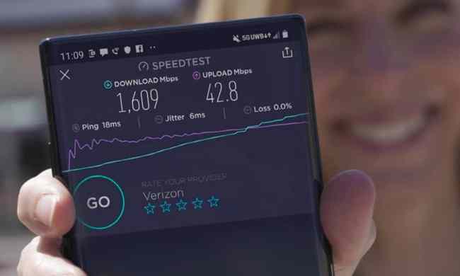 Woman holding up smartphone with speed test results on Verizon 5G Ultra Wideband network.