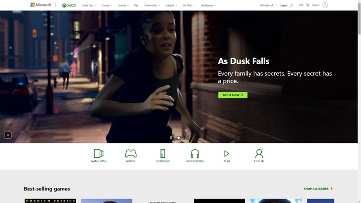 Скриншот из игры As Dusk Falls сосредоточен на главной странице xbox.com.