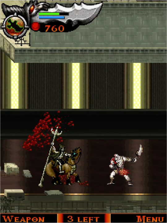 Kratos attacking a skeleton on a horse.